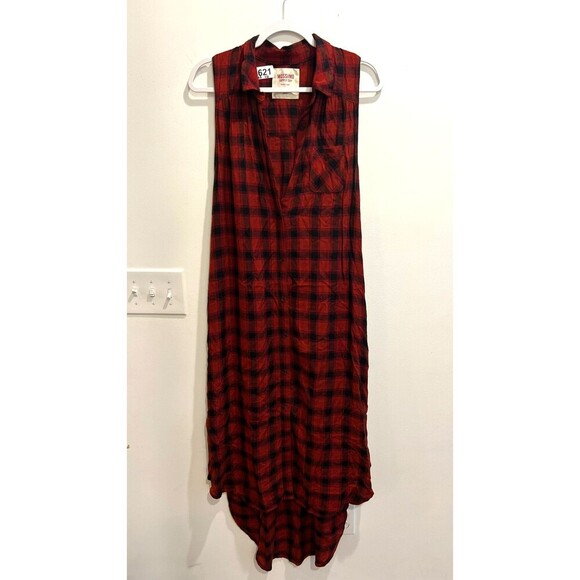Mossimo Women Red Shirt Dress M Plaid Button Up Sleeveless N-Neck Gorpcore Vtg - Picture 2 of 11